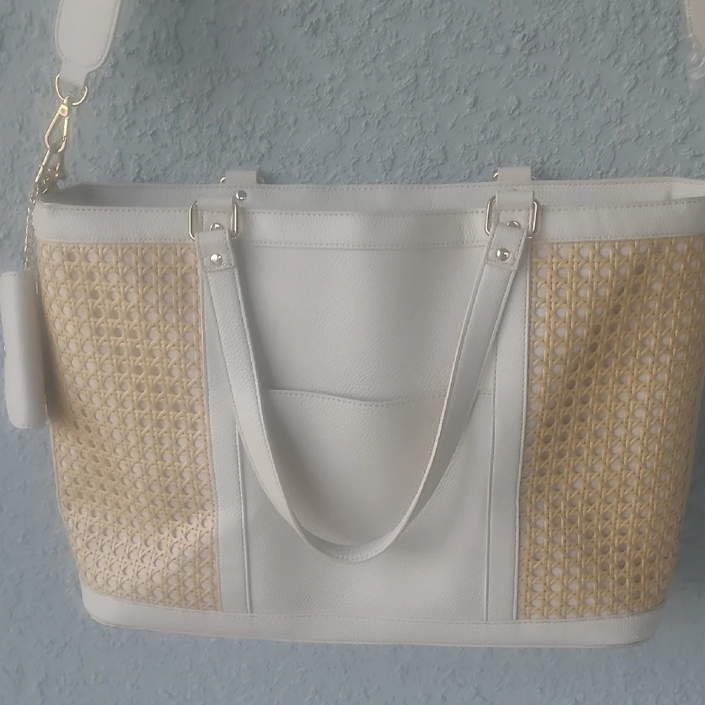 Rachel Zoe Woven Straw Tote White Tan Beach Bag w/ Wallet Large - Picture 11 of 16